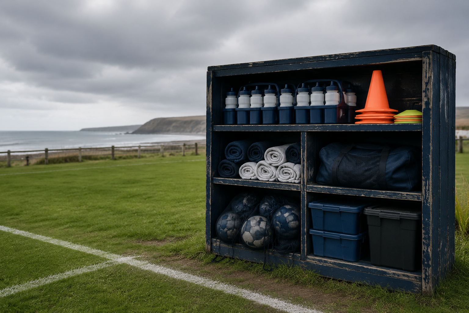 Community sports supply shelf standing pitch-side on the northeast England coast, holding bottle carriers, cones, towels and kit crates